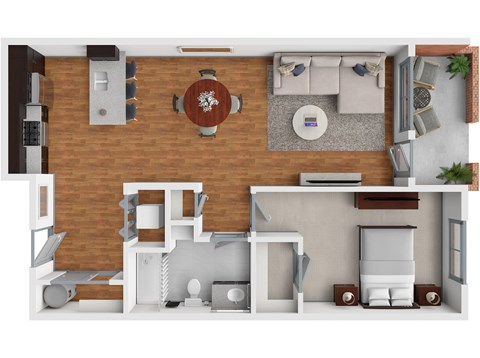 A top-down view of a living room with a couch, coffee table, and television.